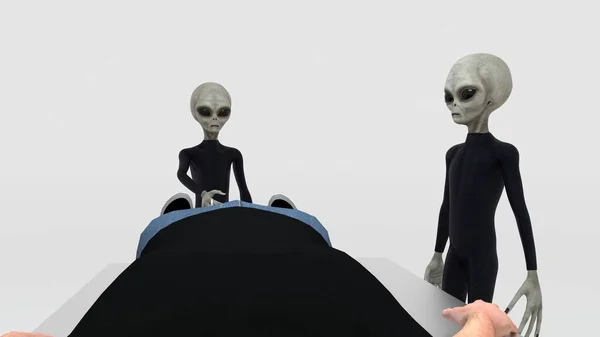 Secuestro Extraterrestre Con Tres Alienígenas Grises Humanos Mesa Cirugía Imagen — Foto de Stock