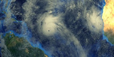 Atlantik Okyanusu 'ndaki kasırgalar uzaydan gösteriliyor. Bu görüntünün elementleri NASA tarafından döşenmiştir.