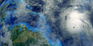 Atlantik Okyanusu 'ndaki kasırgalar uzaydan gösteriliyor. Bu görüntünün elementleri NASA tarafından döşenmiştir.