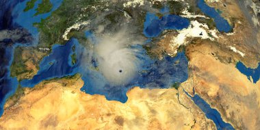 Medicane Ianos Mediterranean Hurricane approaching Greece. Shot from Space. Elements of this 3D illustration are furnished by NASA. clipart
