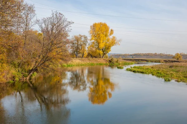 Sonbahar manzara. Nehir, farklı renkteki sonbahar ağaçlar. Eski Kuru ot. Şaşırtıcı derecede güzel manzara. Kış soğuk arifesinde üzgün zaman