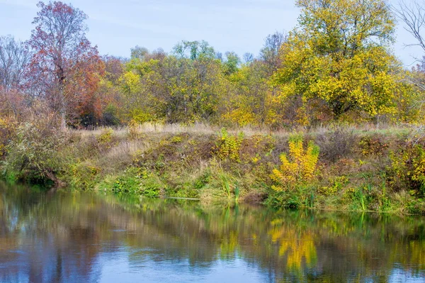 Jesienny Krajobraz Rzeka Autumn Drzewa Różnych Kolorach Stary Suchej Trawy — Zdjęcie stockowe