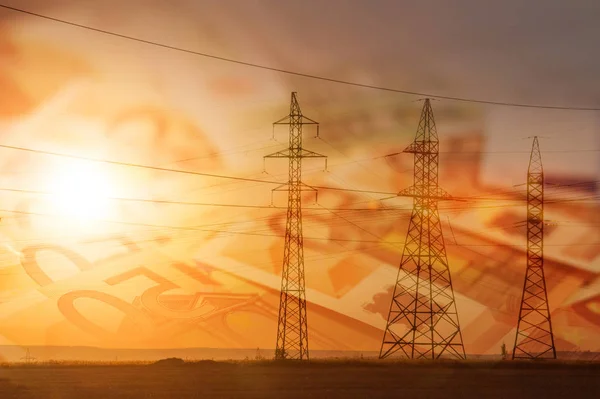 Hochspannungsfreileitung Energiesäulen Bei Sonnenuntergang Morgengrauen Hochspannung Euro Scheine — Stockfoto