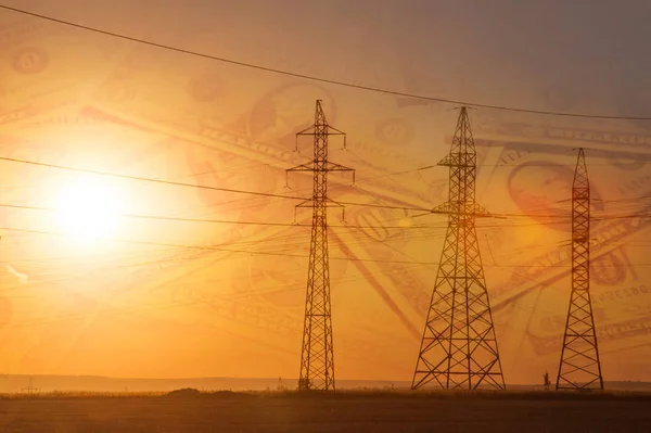 Linha Transmissão Energia Alta Tensão Pilares Energia Pôr Sol Amanhecer — Fotografia de Stock