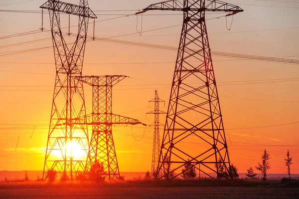 Högspännings Power Transmission Line Energi Pelare Solnedgången Gryningen High Tension — Stockfoto