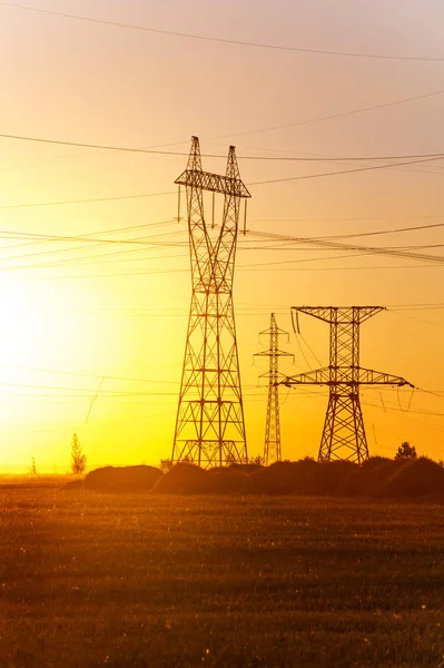 Yüksek gerilim enerji nakil hattı. Enerji ayağı. Gün batımı, şafakta. Elektrik