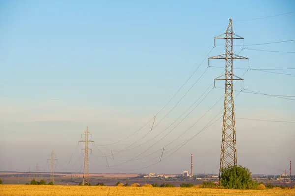 High Voltage Power Transmission Line Energy Pillars Sunset Dawn High — Stock Photo, Image