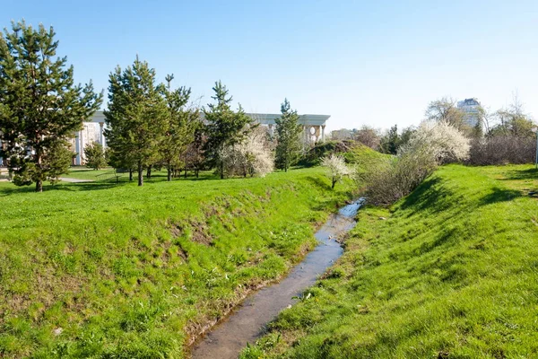 Kazakistan, erken bahar. Ülkenin ilk başkanı Park. Central park güneşli gün. güzel yeşil park