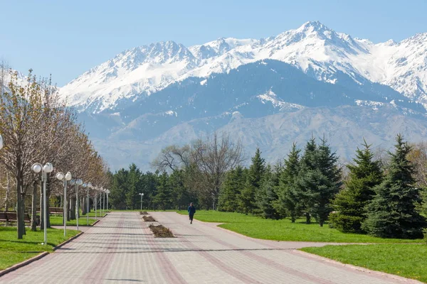 Kazakistan, erken bahar. Ülkenin ilk başkanı Park. Central park güneşli gün. güzel yeşil park