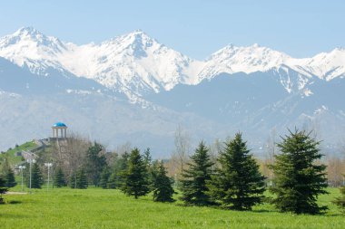 Kazakistan, erken bahar. Ülkenin ilk başkanı Park. Central park güneşli gün. güzel yeşil park