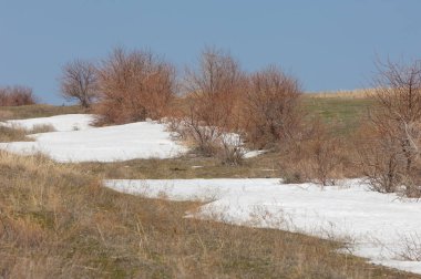 Son kar bahar yol verir. Bahar, yatay bir dere. Dağlarda kar son erime