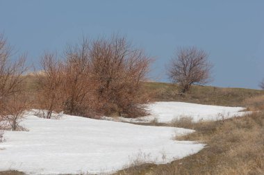 Son kar bahar yol verir. Bahar, yatay bir dere. Dağlarda kar son erime