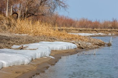 nehir son buz. Son buz parçası. son buz Ili Nehri üzerinde iğne. Orta Asya, Kazakistan bozkırlarında