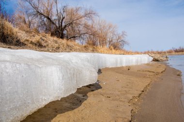nehir son buz. Son buz parçası. son buz Ili Nehri üzerinde iğne. Orta Asya, Kazakistan bozkırlarında