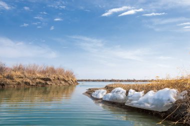 nehir son buz. Son buz parçası. son buz Ili Nehri üzerinde iğne. Orta Asya, Kazakistan bozkırlarında