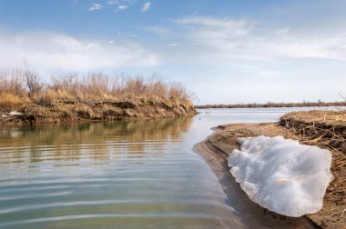 nehir son buz. Son buz parçası. son buz Ili Nehri üzerinde iğne. Orta Asya, Kazakistan bozkırlarında