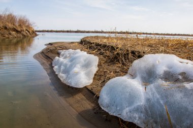 nehir son buz. Son buz parçası. son buz Ili Nehri üzerinde iğne. Orta Asya, Kazakistan bozkırlarında