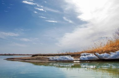 nehir son buz. Son buz parçası. son buz Ili Nehri üzerinde iğne. Orta Asya, Kazakistan bozkırlarında