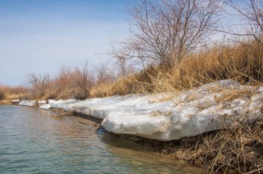 nehir son buz. Son buz parçası. son buz Ili Nehri üzerinde iğne. Orta Asya, Kazakistan bozkırlarında