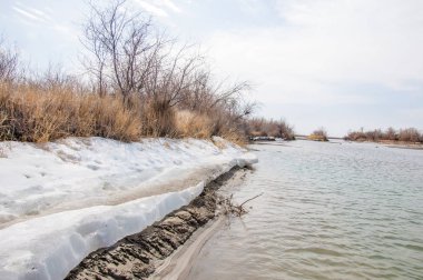 nehir son buz. Son buz parçası. son buz Ili Nehri üzerinde iğne. Orta Asya, Kazakistan bozkırlarında