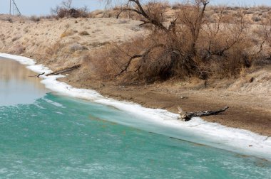 nehir son buz. Son buz parçası. son buz Ili Nehri üzerinde iğne. Orta Asya, Kazakistan bozkırlarında