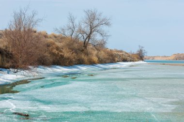 nehir son buz. Son buz parçası. son buz Ili Nehri üzerinde iğne. Orta Asya, Kazakistan bozkırlarında