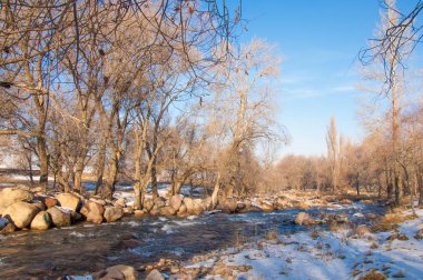 su küçük bir nehir erken ilkbahar akarsu. Bahar sahne. donmuş bir dere ile dağ manzarası