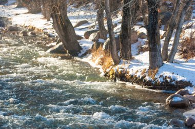 su küçük bir nehir erken ilkbahar akarsu. Bahar sahne. donmuş bir dere ile dağ manzarası
