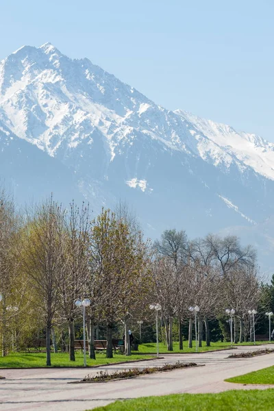 Kazakistan, erken bahar. Ülkenin ilk başkanı Park. Central park güneşli gün. güzel yeşil park