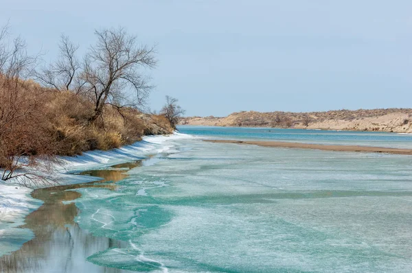河上的冰 最后的浮冰 最后针伊犁河上的冰 中亚地区 哈萨克斯坦的大草原 — 图库照片