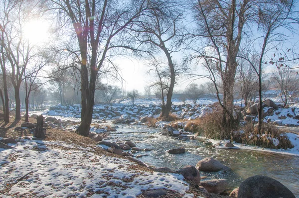 su küçük bir nehir erken ilkbahar akarsu. Bahar sahne. donmuş bir dere ile dağ manzarası
