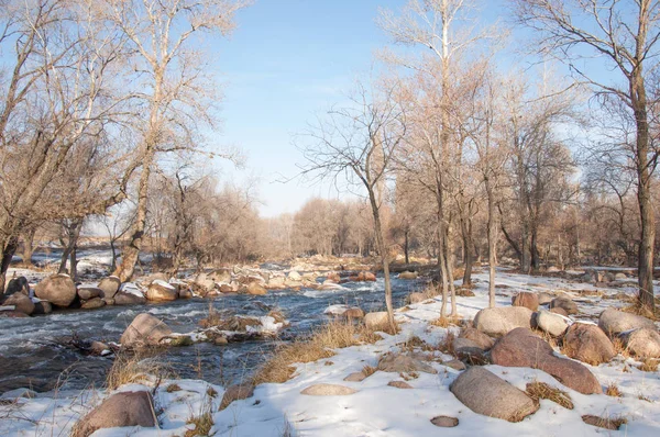 su küçük bir nehir erken ilkbahar akarsu. Bahar sahne. donmuş bir dere ile dağ manzarası