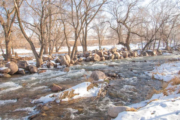 su küçük bir nehir erken ilkbahar akarsu. Bahar sahne. donmuş bir dere ile dağ manzarası