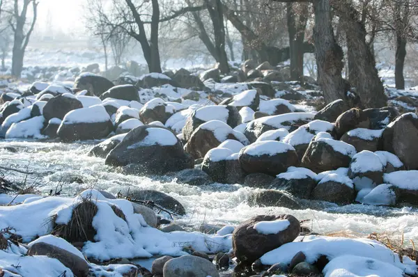 Потоки Воды Маленькой Реке Ранней Весной Весенняя Сцена Горный Пейзаж — стоковое фото