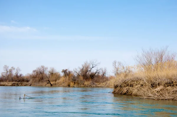 Fiume Steppa Primavera Riva Del Fiume Ricoperta Canne Acqua Puro — Foto Stock