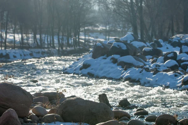 Strömendes Wasser Einem Kleinen Fluss Frühen Frühling Frühlingsszene Berglandschaft Mit — Stockfoto