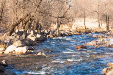 su küçük bir nehir erken ilkbahar akarsu. Bahar sahne. donmuş bir dere ile dağ manzarası