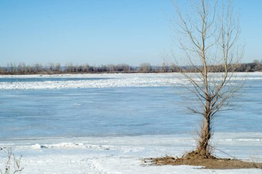 Nehir sel. Nehir buz yırtılmış. Nehir son buz ile. Rusya Tataristan Kama Nehri erken Bahar