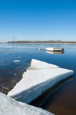 Nehir ile kırık buz enerji ayağı. buz Tepecik bahar Nehri üzerinde. manzara yakın çekim buz drift güneşli bir bahar Nehri üzerinde