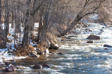 su küçük bir nehir erken ilkbahar akarsu. Bahar sahne. donmuş bir dere ile dağ manzarası