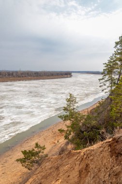 Bahar River, buz Nehri üzerinde. çıplak ağaçlar ve mavi gökyüzünde güzel bulutlar güzel bahar manzara nehir buz ile erimiş