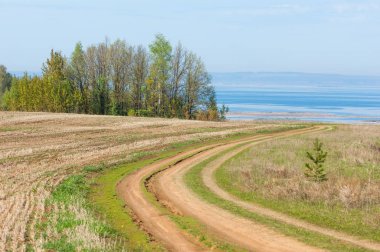 Bahar günü ülkede yol. Köy yolunda bahar günü ormanında. Köy yolunda yaz, yeşil alan ve mavi temiz gökyüzü arasında. Doğa kavramsal görüntü.