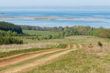 Bahar, büyük bir nehir, renkli ağaçlar. Nehir kenarında yumuşak sabah şafak ışığı içinde filizlenen büyük ağaç. Sakin nehir düşük dağlara akan