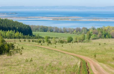 Bahar, büyük bir nehir, renkli ağaçlar. Nehir kenarında yumuşak sabah şafak ışığı içinde filizlenen büyük ağaç. Sakin nehir düşük dağlara akan