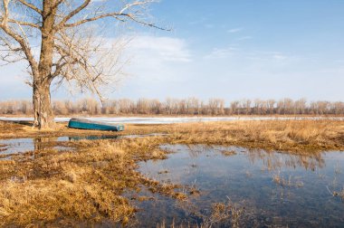 Bahar River, buz Nehri üzerinde. çıplak ağaçlar ve mavi gökyüzünde güzel bulutlar güzel bahar manzara nehir buz ile erimiş