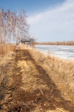 Bahar River, buz Nehri üzerinde. çıplak ağaçlar ve mavi gökyüzünde güzel bulutlar güzel bahar manzara nehir buz ile erimiş