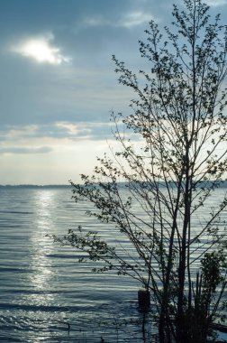 bulut su ışık demeti. Güzel gün batımı plajda, harika renkler, yaz aylarında plaj üzerinde ışık demetinin üstten görünüm
