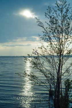 bulut su ışık demeti. Güzel gün batımı plajda, harika renkler, yaz aylarında plaj üzerinde ışık demetinin üstten görünüm