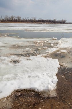 Bahar River, buz Nehri üzerinde. çıplak ağaçlar ve mavi gökyüzünde güzel bulutlar güzel bahar manzara nehir buz ile erimiş
