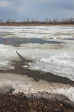 Bahar River, buz Nehri üzerinde. çıplak ağaçlar ve mavi gökyüzünde güzel bulutlar güzel bahar manzara nehir buz ile erimiş